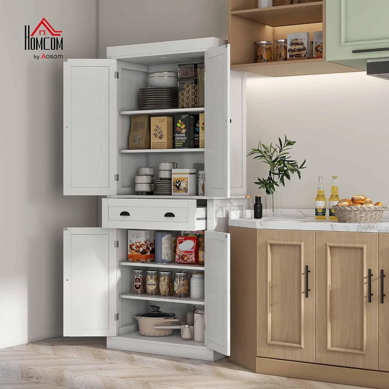 Dining Room Freestanding Wood Cabinet with 3 Adjustable Shelves, White, Traditional Style Storage Solution