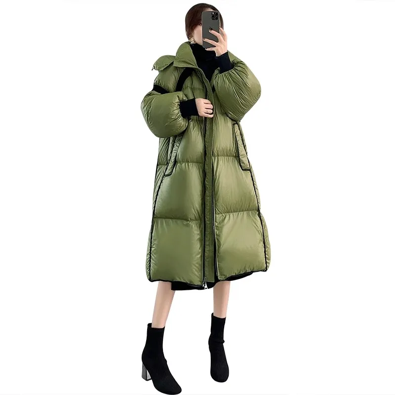 Doudoune longue à capuche pour femme, manteau en duvet, pardessus bouffant chaud, résines blanches, coréen, hiver, nouveau, haut de gamme, 2025, 90