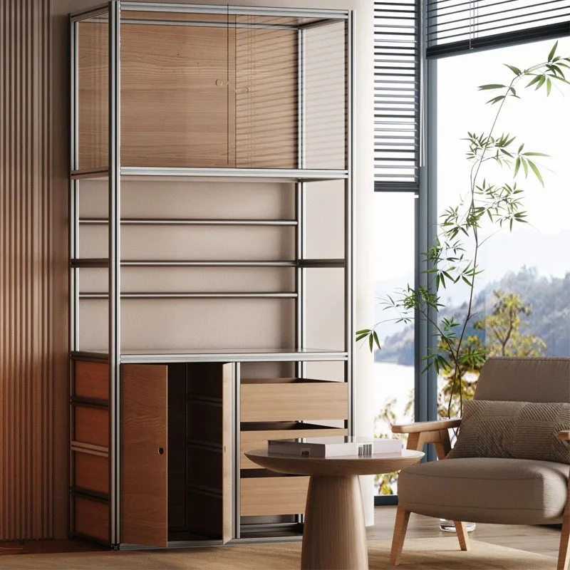 Aluminum Profile Birch Display Cabinet for Modern Minimalist Dining Room Wall Mounted Glass Wine Cabinet Home Multi Tier