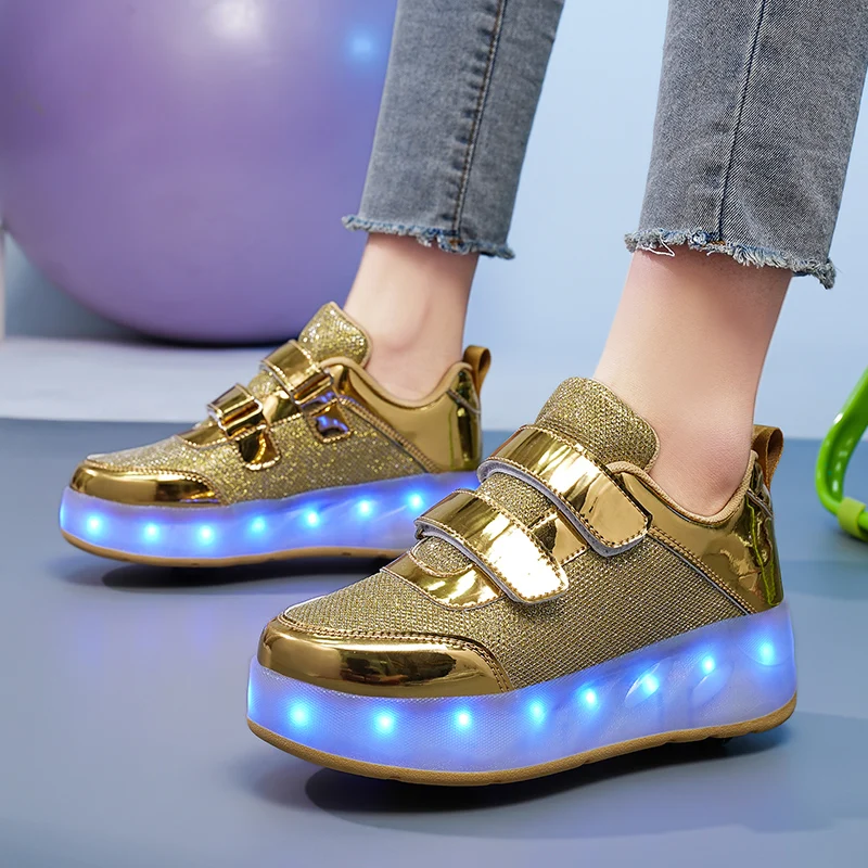 Manual Four-wheel Luminous Walking Shoes for Children Breathable Casual Shoes for Teenagers Leather Roller Skating Shoes Outdoor