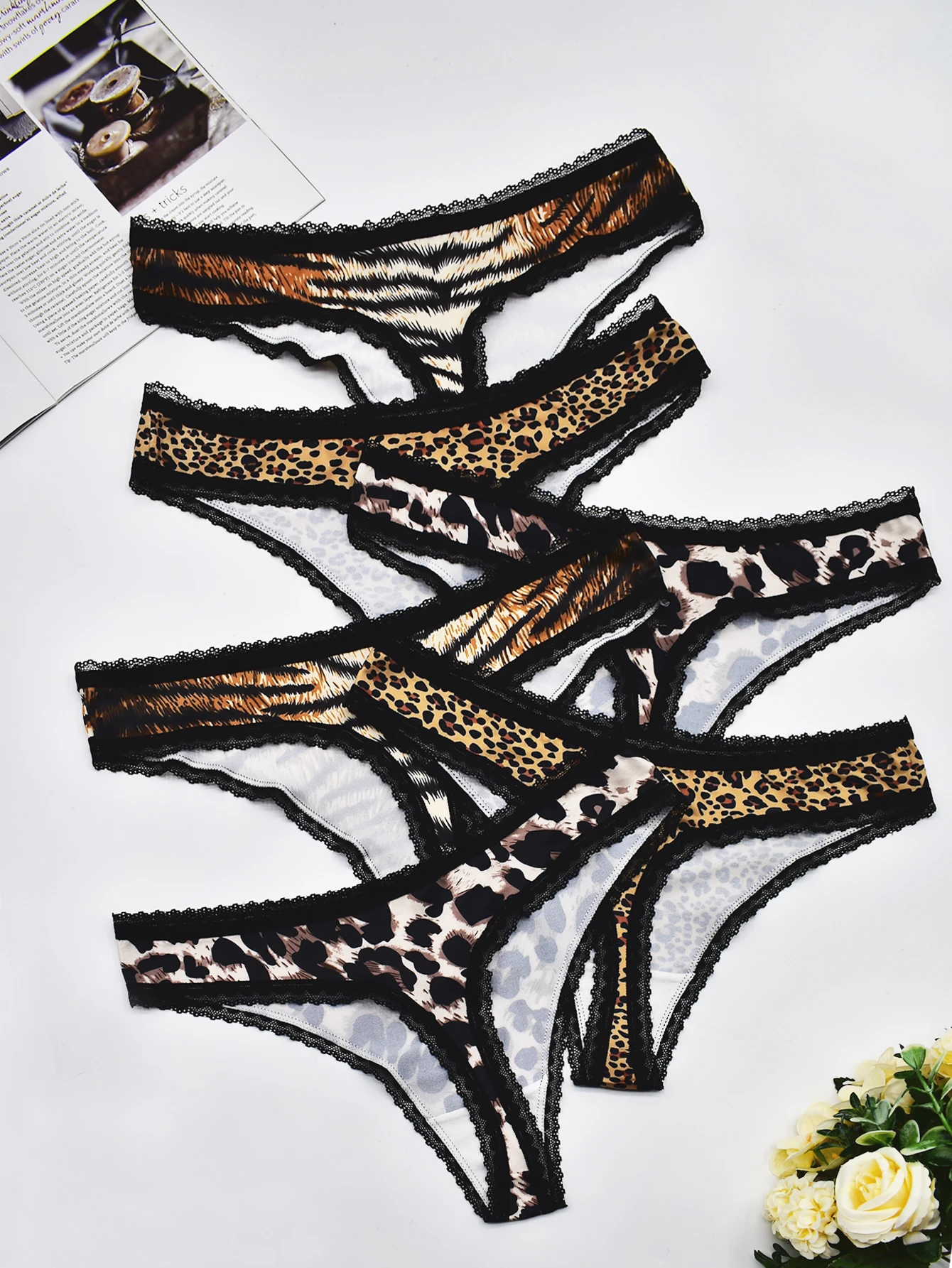 6-piece leopard print lace underwear, comfortable and breathable thong, quick drying minimalist new underwear and panties