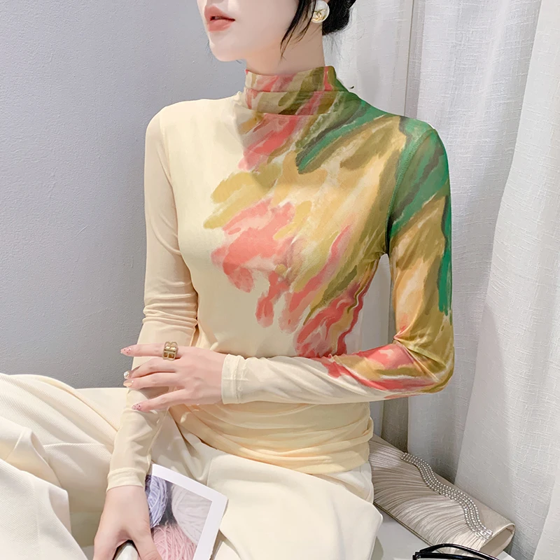 

2023 New Fall Winter European Style T-Shirt Chic Sexy Turtleneck Print Color Blocking Women Tops Long Sleeve Casual Tees 39253