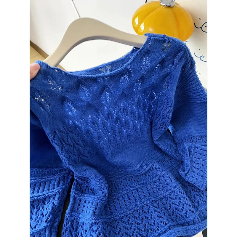 Ele 透かし編みニット ロングスリーブ レディース トップス ルーズフィット 快適 スリーク ブルー カジュアル 秋冬用