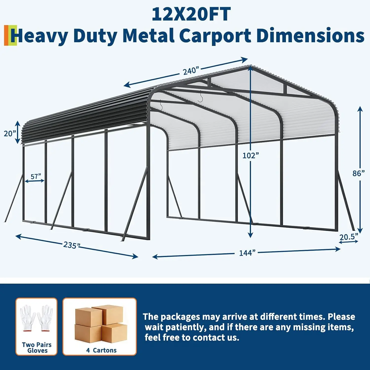 Metal Carport with Reinforced Base & Galvanized Steel Roof, Heavy Duty Shelter for SUV, Truck, Boat, 12x20 FT, Customized