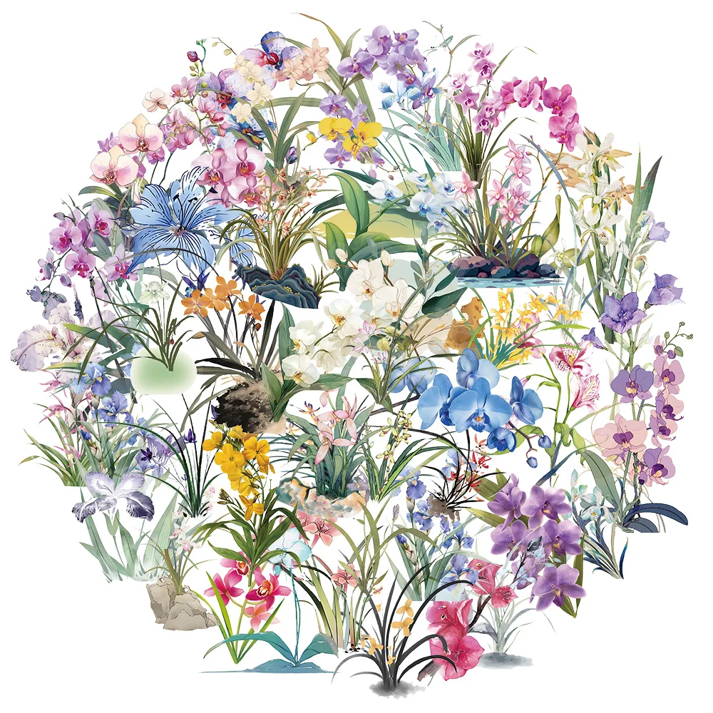 50PCS Orchid Sticker Pack Waterproof Transparent PET Brochure Flower Material Guitar Waterproof Stickers