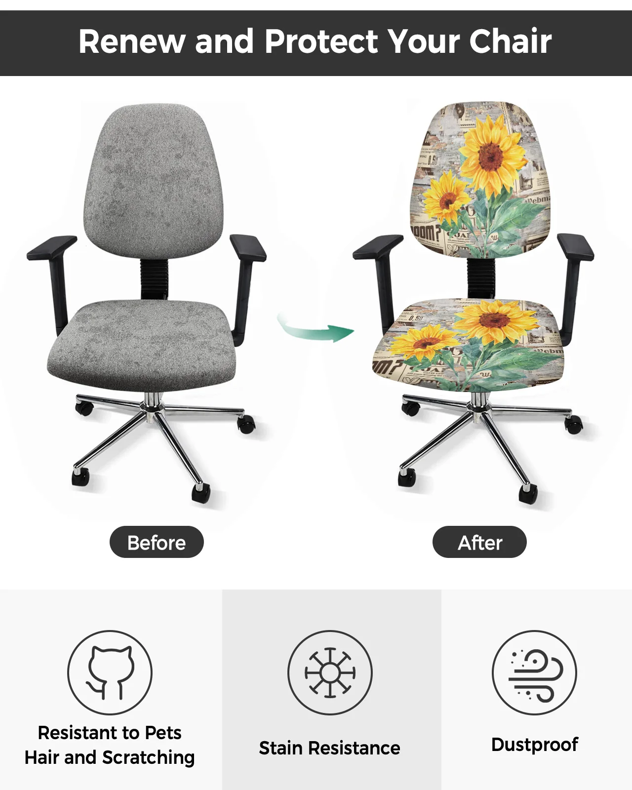 Sunflower Vintage Newspaper Wood Grain Elastic Armchair Computer Chair Cover Removable Office Chair Slipcover Split Seat Covers