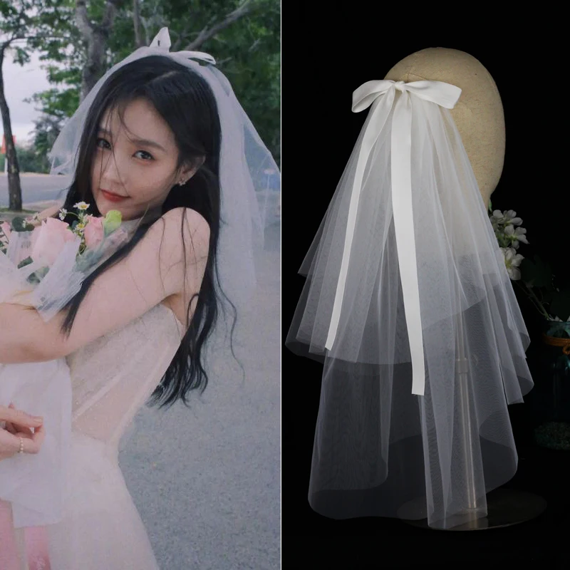 LA003 Bridal Veil Two-Layer Plain Tulle Satin Bow Handmade White Short Headdress Veil for Wedding Dress