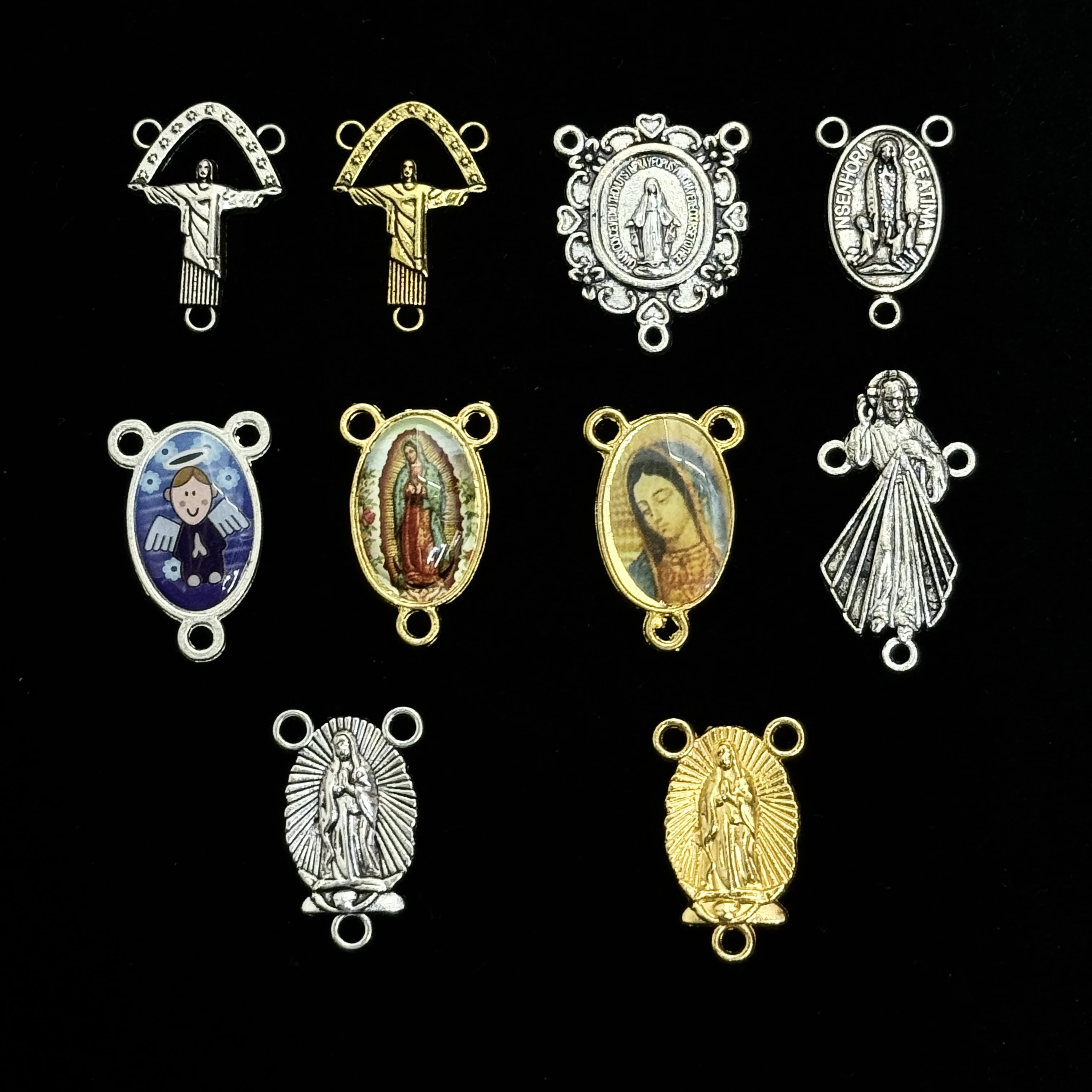 10Pcs 3-Hole Catholic Rosary Centerpiece Connector Virgin Mary Guadalupe Divine Mercy Miraculous Medal Zinc Alloy Charm for DIY