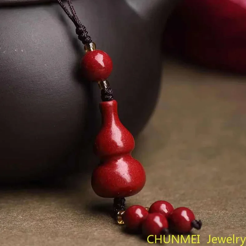 Customized Cinnabar Gourd Key Chain Organic Jewellery Carved Fashion Chinese Natural Charm Gifts Amulet Bag Buckle Pendant Red