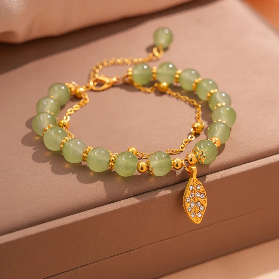 

Chinese Style Green Jade Bracelet For Women Exquisite Gold Color Leaves Wrist Strap Bangle Double Chain Bracelet Girls Gifts