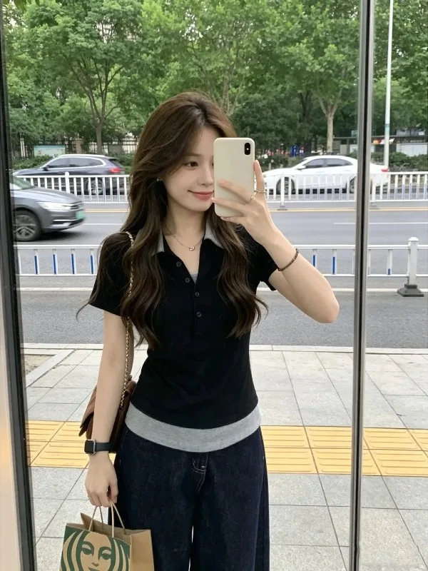 

Slim Fit Short Sleeve T-Shirt for Women Summer Style Korean Commute Retro American Vintage Flip Collar Fake Two-Piece Top