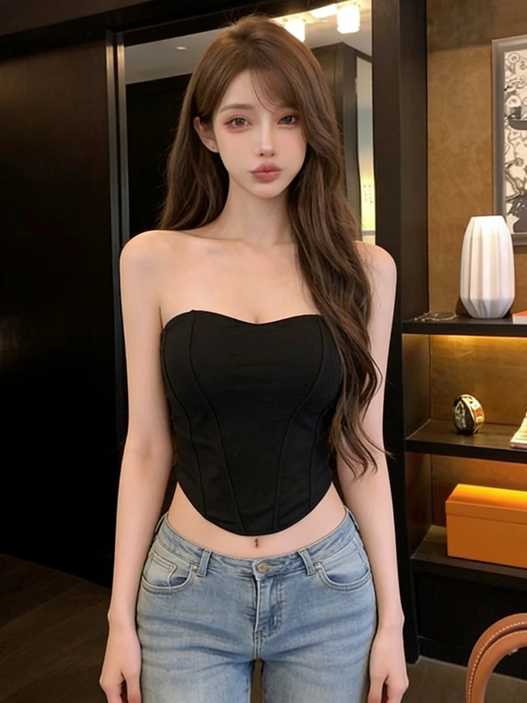 Sexy Spicy Girl Fishbone Silicone Anti-Slip Trim Fit Short Top Breathable Fixed Chest Cup Vest Show Slimming Belly V-Neck Bac...