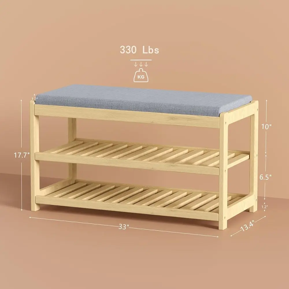 3-stöckige Schuhregalbank aus massivem Holz mit Stauraum, gepolstertem Sitz, für Eingangsbereich, Flur, Schmutzfänger – natürliches Finish