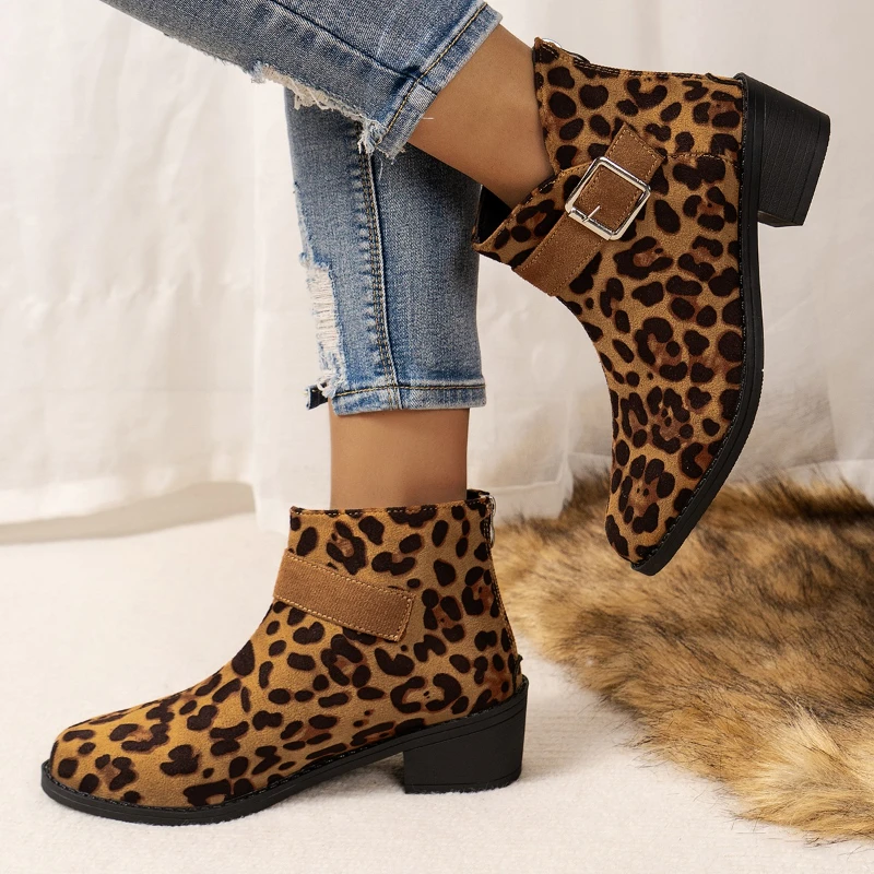2025 New Ankle Boots Women High Heels Women Shoes Track Design Leopard Print Shoes for Women Thick Pointed Fashion Western Boots