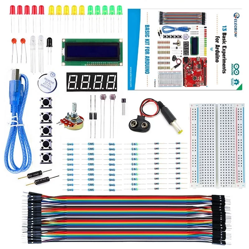 Kit electrónico completo de bricolaje para Arduino, 13 cursos con guía, placa de pruebas, cable de puente, luz LED para Arduino Nano