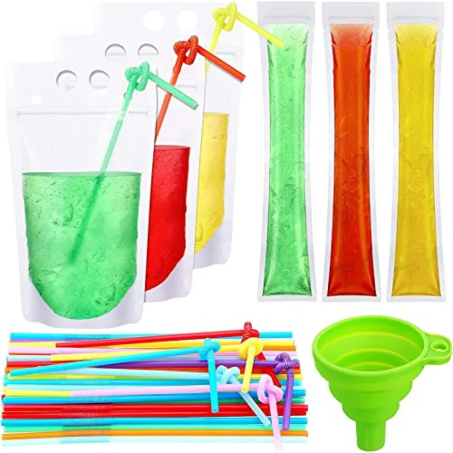110 Pcs Drink Pouches for Popsicle Bags with Straws, 50 Pcs Smoothie Ice Pop Bags, 30 Pcs Hand-Held Reclosable Drink Bags, 30 P
