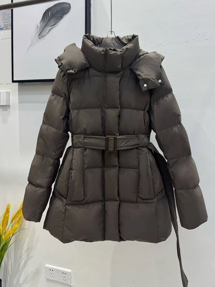 Winter White Duck Down Puff Waterproof Outwears Women Hooded Mid-length Warm Down Jacket Female Thick Lace Up Zipper Down Jacket