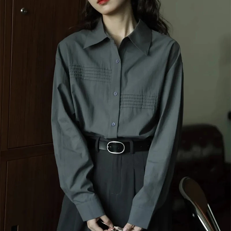 

Korean Women Solid Striped Shirt Commuter Loose Casual Spring Fall Blouse Long Sleeve Fashion Casual Classic Simple Tops