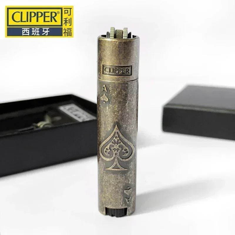 New Clipper Spades A Portable Grinding Wheel Flint Inflatable Lighter Metal Fireless Butane Gas Jet Lighter with Gift Box