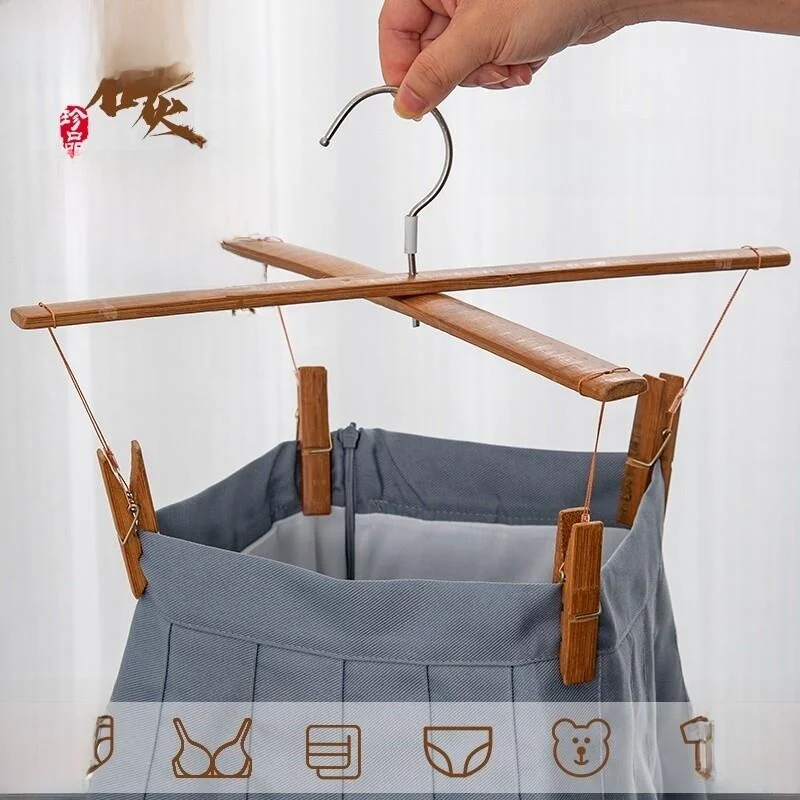 

Vintage Bamboo Pants Hanger with Four Clips Wooden Crossbar Creaseless Hanging Pants Clothing Drying Rack 781
