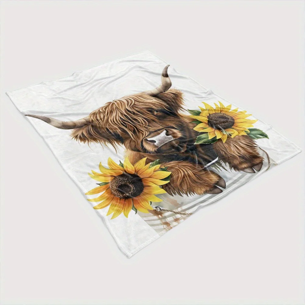 Sunflower Highland Cow Blanket Reversible Flannel Throw for Farmhouse Decor AllSeason Comfort Rustic Charm Gift