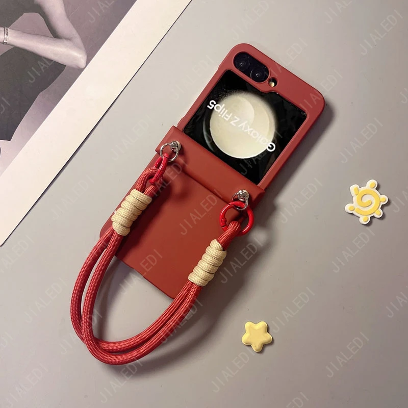 Hand Strap Wine Red Hinge Phone case For Samsung Galaxy Z Flip 3 4 5 6 7 flip6 zflip7 Hard Cover