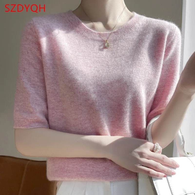 Women 100% Cashmere Sweater T-shirt 2023 New Short Sleeve Pullover Spring O-Neck Basic Jumper For Female Soft Shirt Girl Clothes