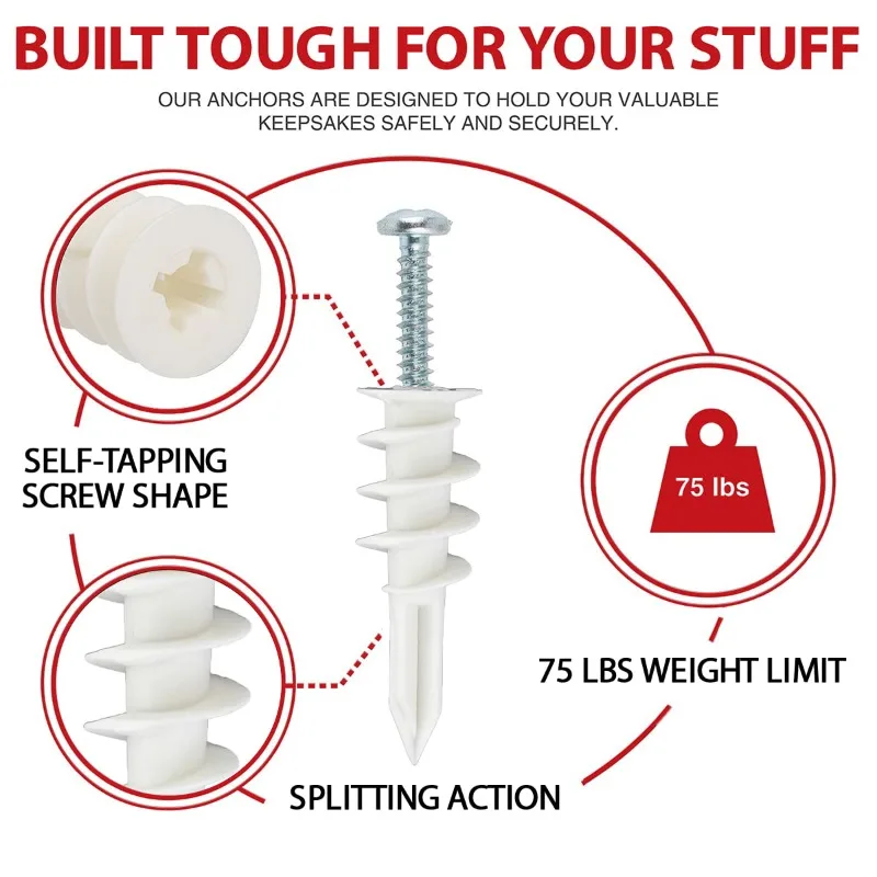 VKKM مرساة الحوائط الجافة ذاتية الحفر، 60 مرساة بلاستيكية و60 # 8 براغي زنك، سعة 75 رطلاً - للصور والأرفف وديكور المنزل #3