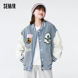 Semir Women Jacket Denim Jacket Embroidered Letters Loose Autumn Color Contrast Splicing Baseball Uniform Sweet Cool Jacket