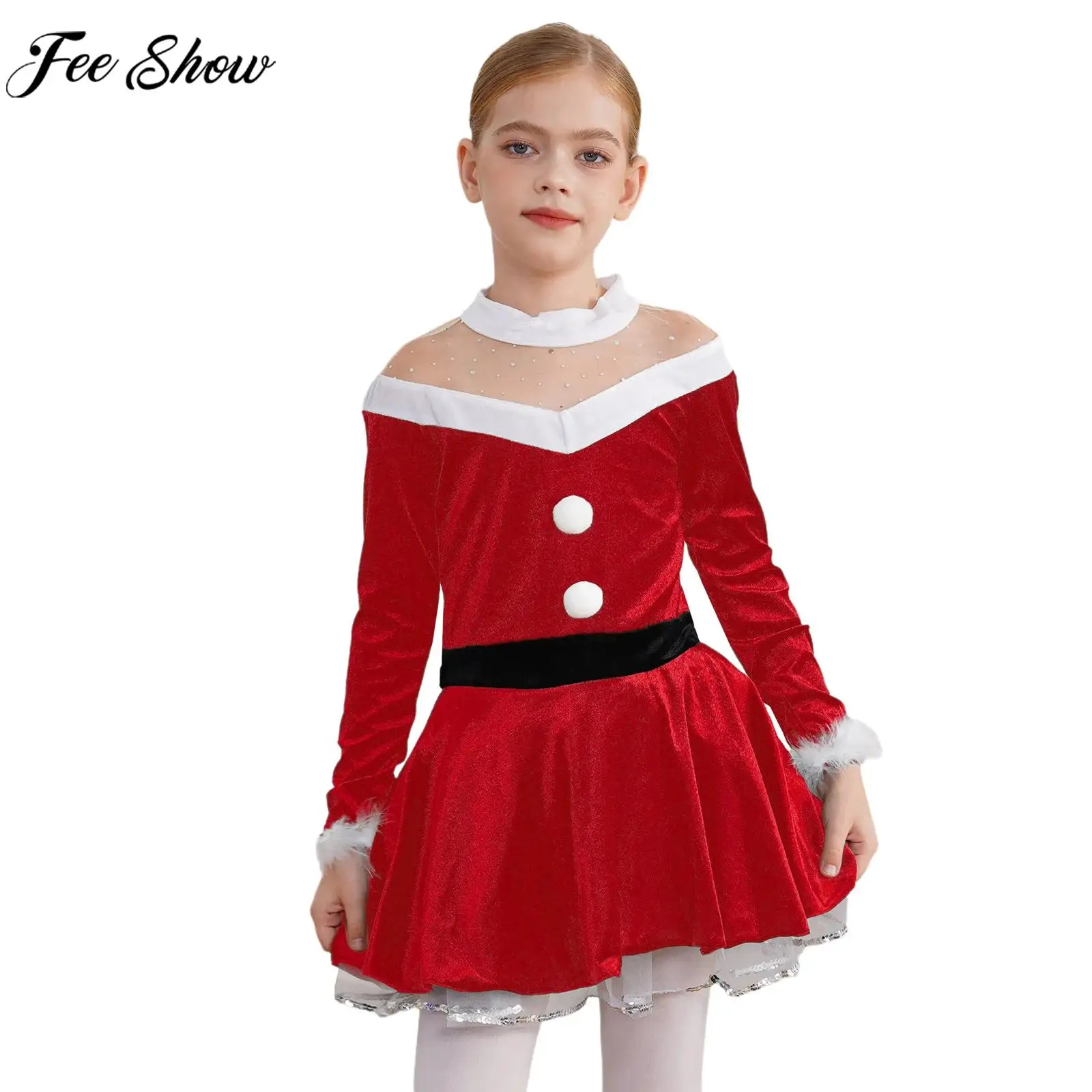 meninas-festa-de-natal-vestido-de-princesa-manga-longa-malha-brilhante-collant-tutu-ballet-danca-patinacao-dancewear-natal-cosplay-traje