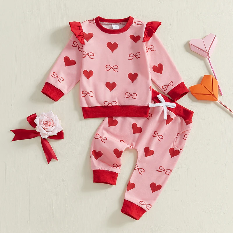 0-3Years Toddler Baby Girls Outfits for Valentine's Day Bow Heart Print Ruffle Long Sleeve Sweatshirt and Elastic Pants Set 2PCS