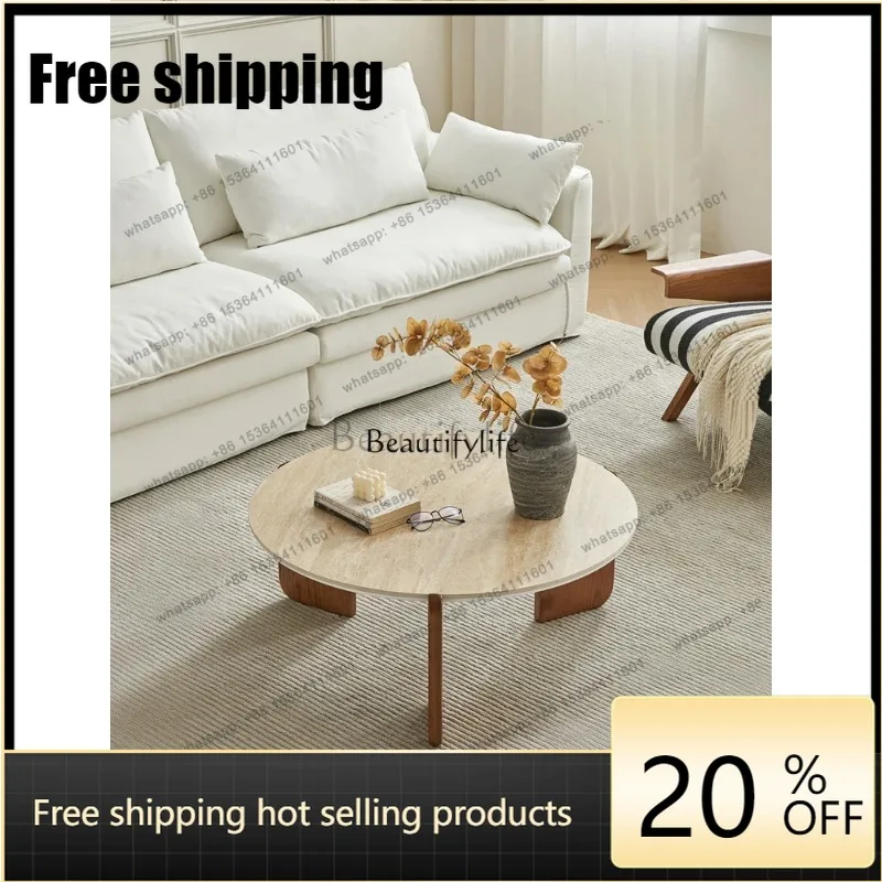 French medieval solid wood coffee table small apartment travertine rock slab round small tea table Factory Direct