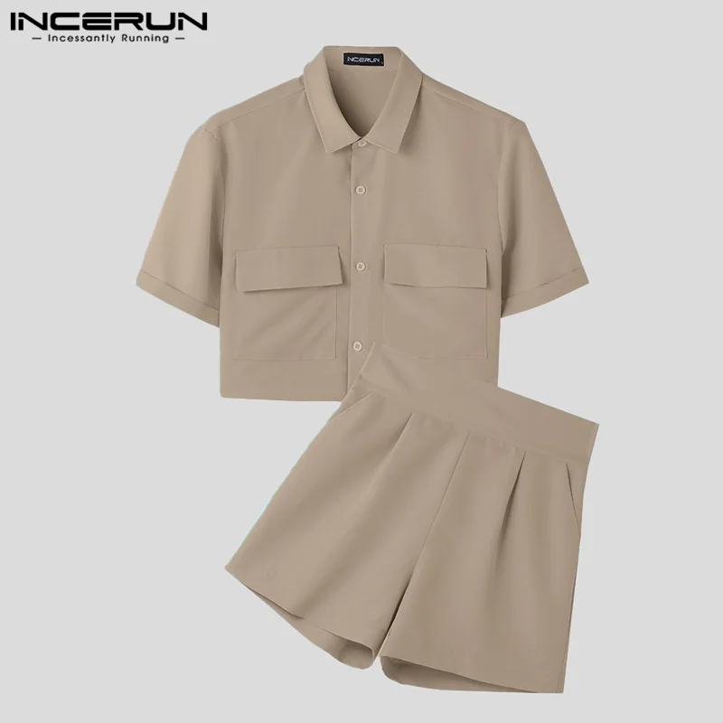 INCERUN Men Sets Solid Color Lapel Short Sleeve Shirt & Shorts Two Pieces Sets 2024 Summer Streetwear Fashion Men Casual Suits