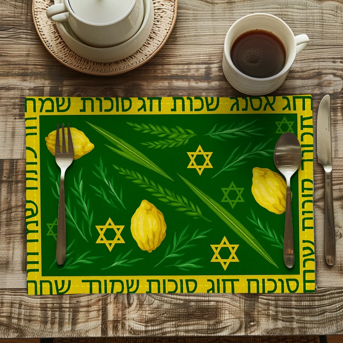 Happy Sukkot Placemats Home Decor Reusable Jewish The Star of David Etrog Lulav Kitchen Dining Table Mats Sukkot Decorations