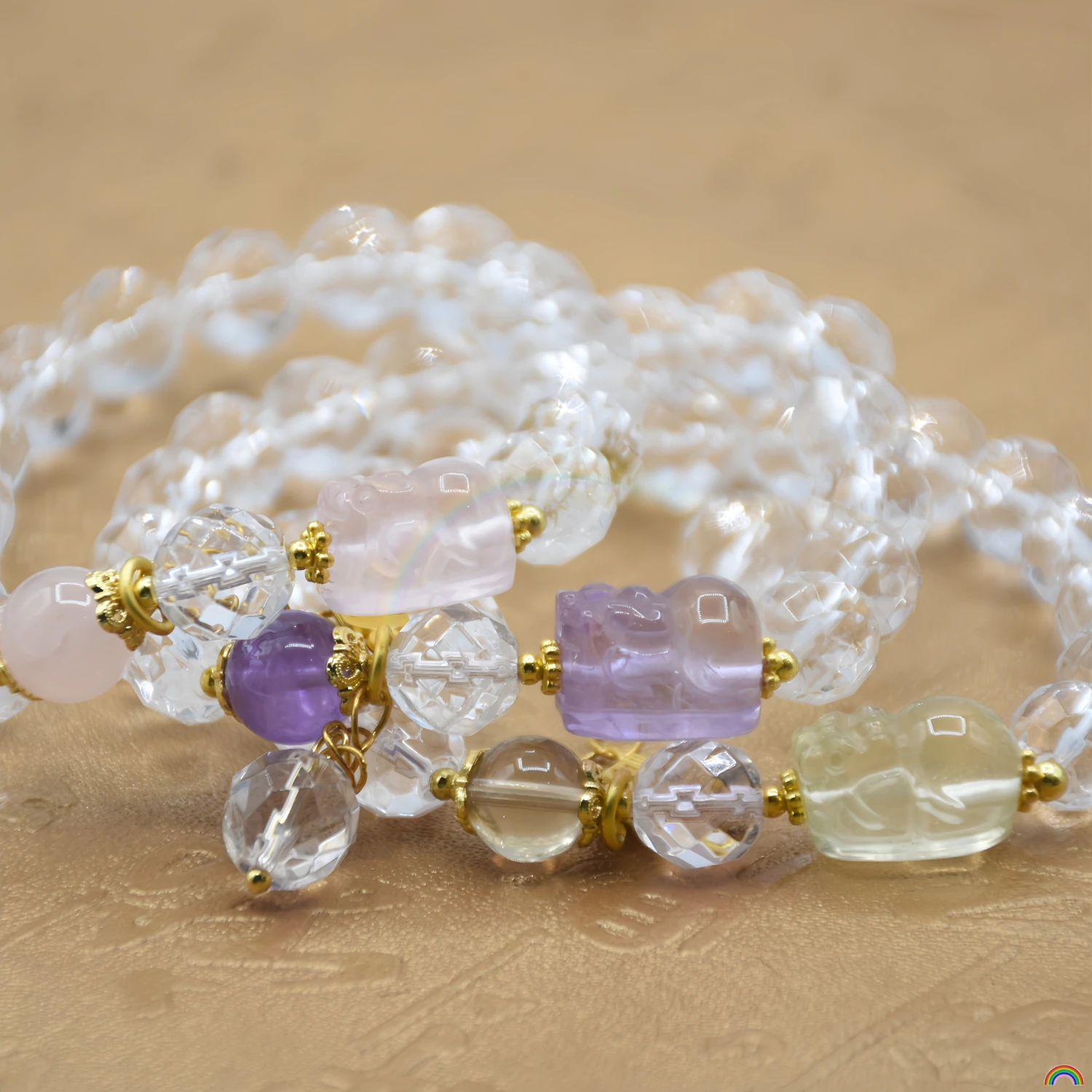 Natural white crystal cut surface amethyst yellow crystal powder crystal carving Pixiu single circle wealth bracelet Rwbuy