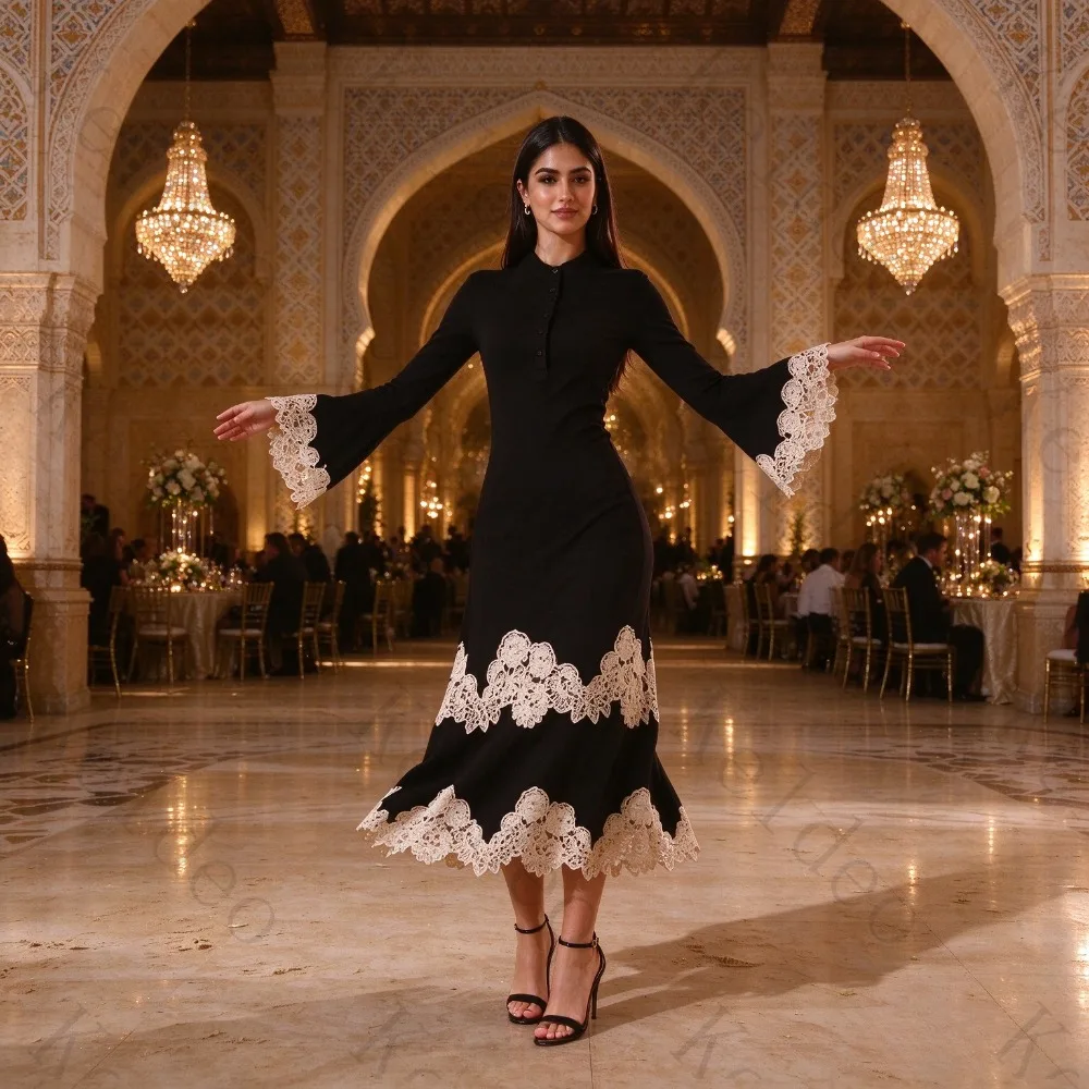 Customized Elegant Round Neck A-line Evening Gowns with Flared Long Sleeves Button Lace Patchwork and Calf Formal Dinner Dresses