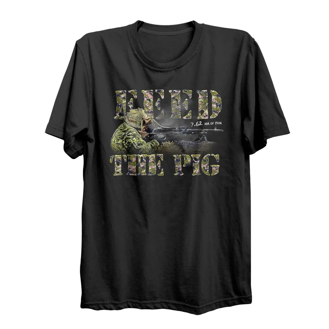 

Feed The Pig. Funny Machine Gunner Military T-Shirt 100% Cotton O-Neck Short Sleeve Summer Casual Mens T-shirt Size S-3XL