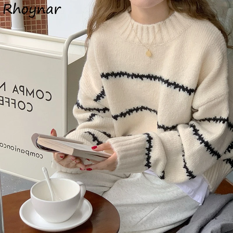 

O-neck Pullovers Women Long-sleeves Striped Simple Office Ladies Autumn All-match Korean-style Knitting Loose Trendy Leisure New