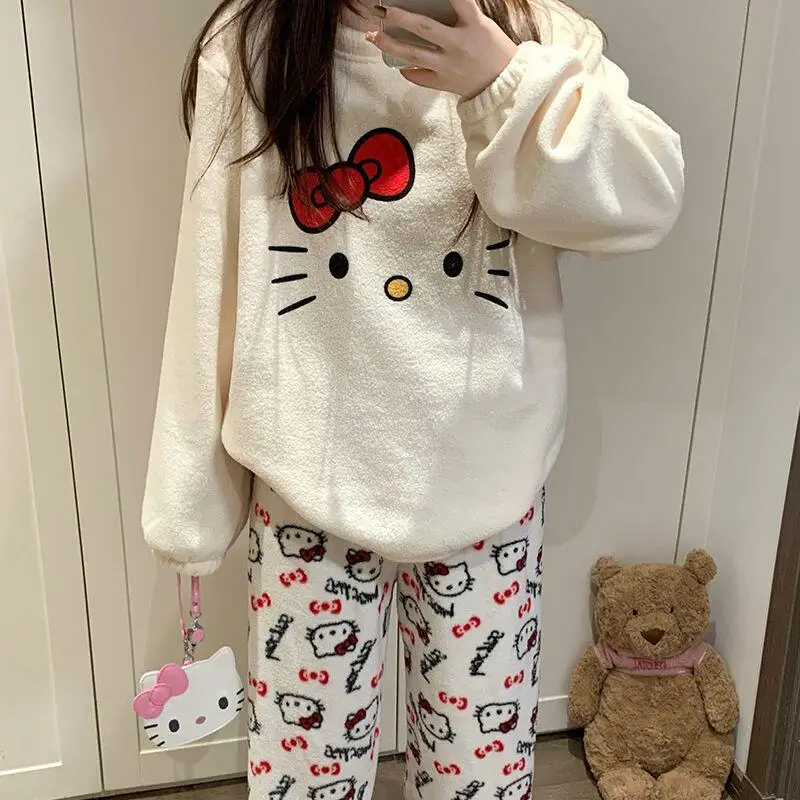 مرحبا كيتي الخريف الشتاء جديد طالب الكرتون ملابس خاصة النساء الحلو لطيف أنيمي مريحة فضفاضة عادية Outable ملابس المنزل مجموعة