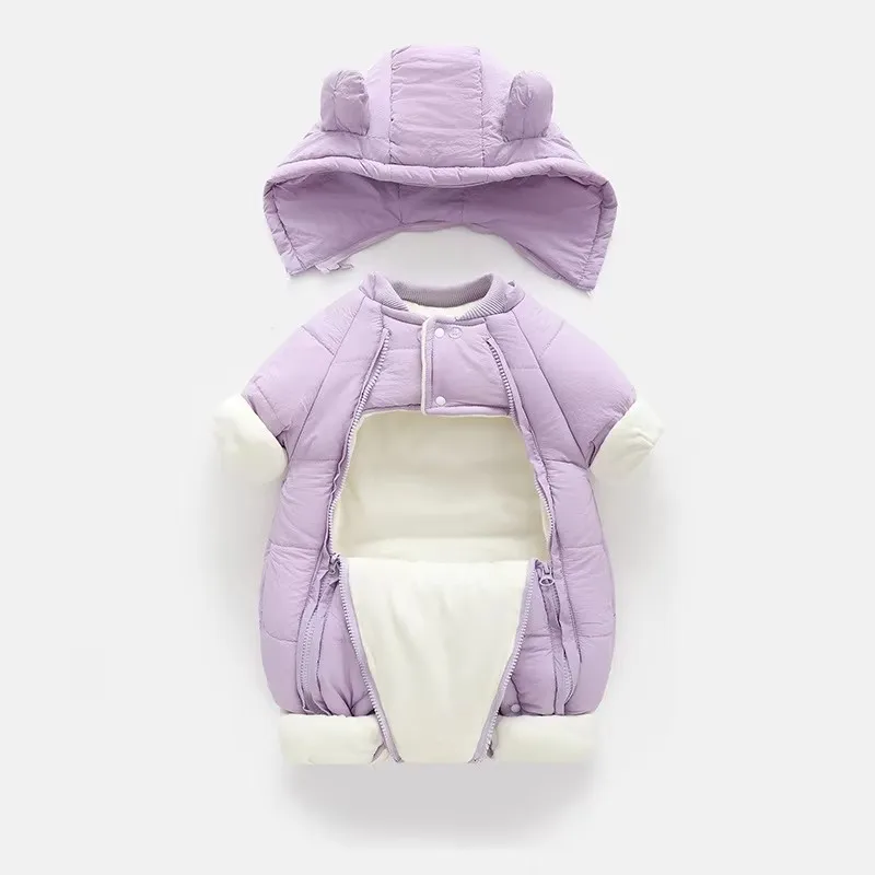 New Cute Bear Eared Hooded Baby Winter Anti Cold Skiing Clothes, Thickened Cotton and Velvet Inner Newborn Jumpsuit 0-2Y