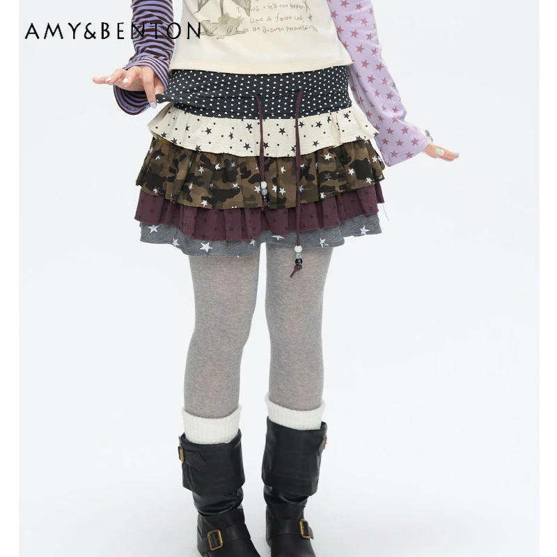 

American Retro Star Polka Dot Color Block Splicing Women's Cake Skirt Autumn New Design Versatile Beaded Short Skirts Ladies