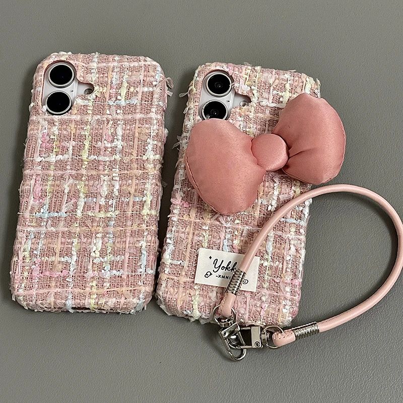 Fashion Pink Plush Weave Texture Bowknot Case For iPhone 16 Pro Max 15 13 14 12 Soft Fabric Phone Back Cover