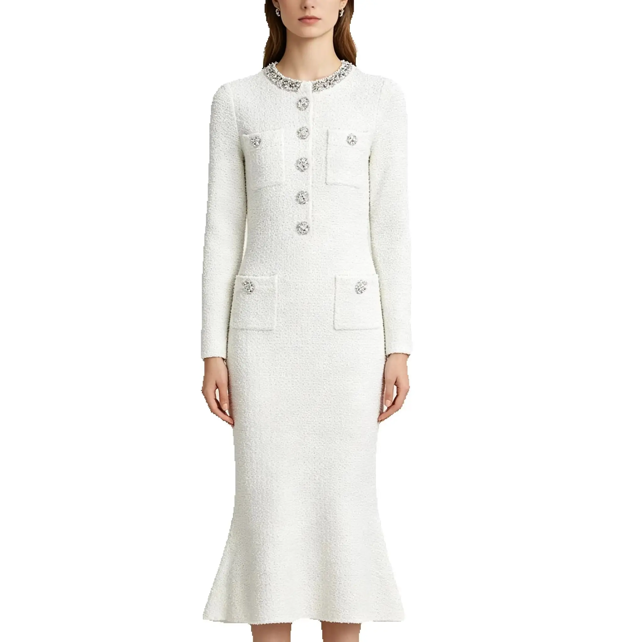 2659 High quality Spring and Autumn New Knitted Fashion Slim fit Long sleeved Show off Luxury Nail Diamond Women Dress