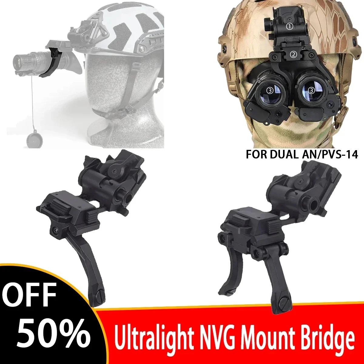 PVS 14 NVG Night Vision Bridge Nylon J Arm Mount Bracket Adjustable Field of View Use with L4G24/L4G19/NS39/AKA2 Helmet Mounts