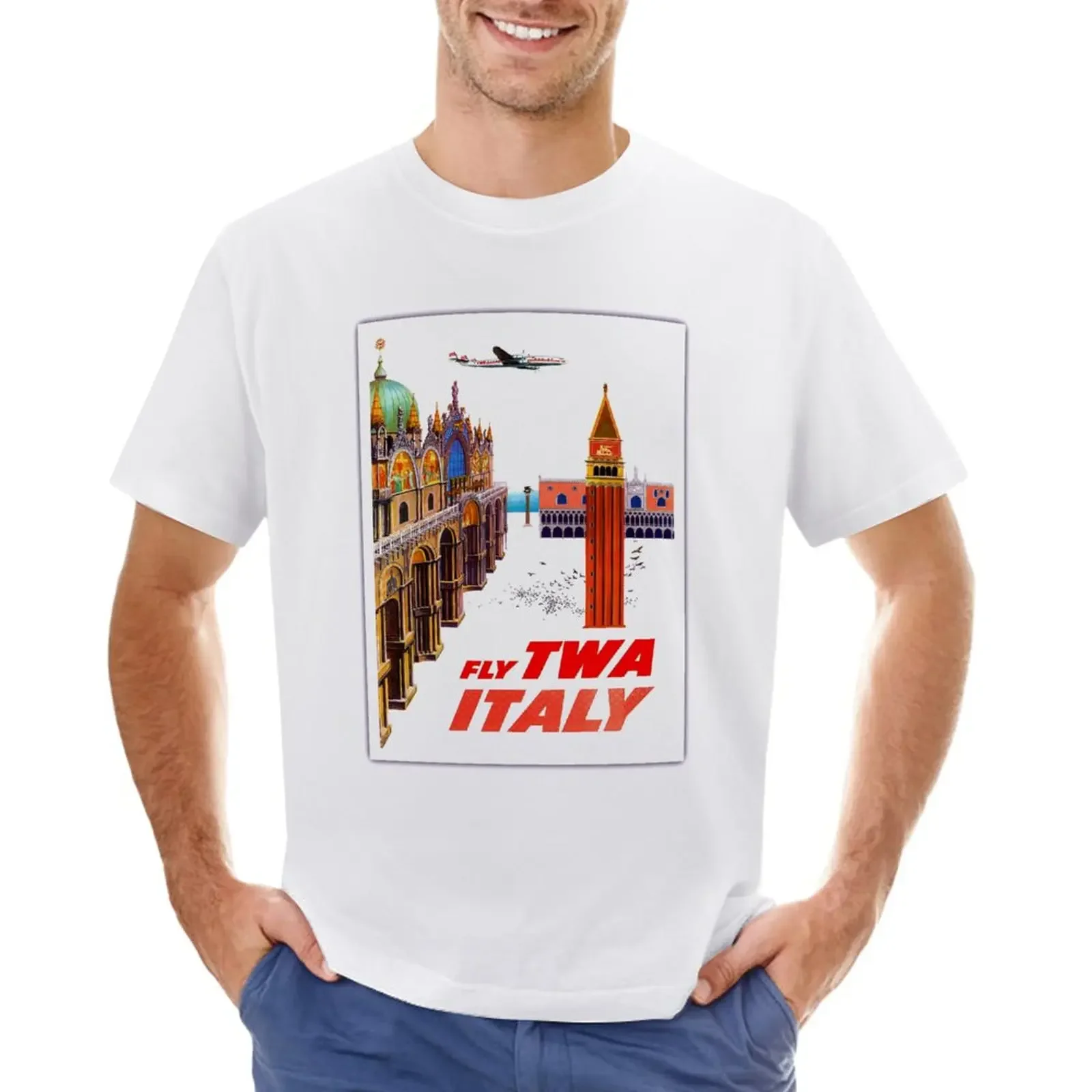 ITALY : Vintage Air Travel Airline Advertising Print T-Shirt tops plain quick drying mens vintage t shirts