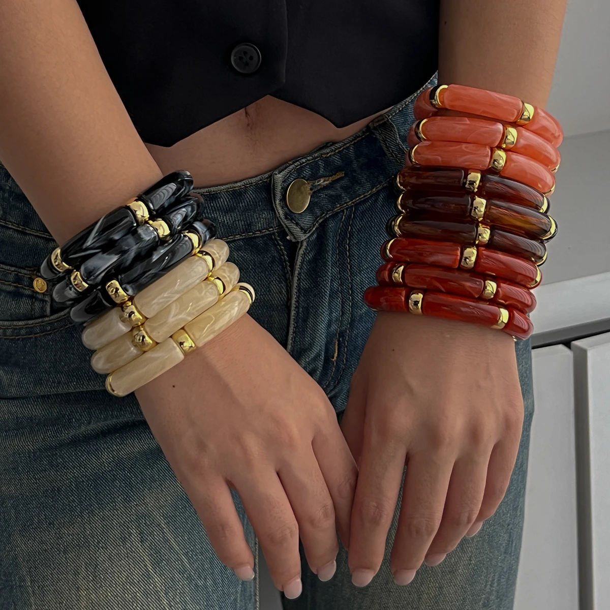 PuRui 3 Teile/satz Bohomia Bunte Bambus Rohr Stapelbare Kunststoff Perlen Armband für Frauen Vintage Elastische Armreif Paar Schmuck – Detail 2