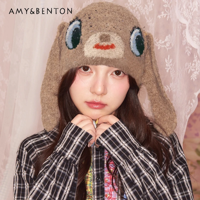 

Autumn Winter New Caramel Brown Long Ear Plush Animal Print Women's Knitted Hat Vintage Design Versatile Cute Warm Hats Ladies