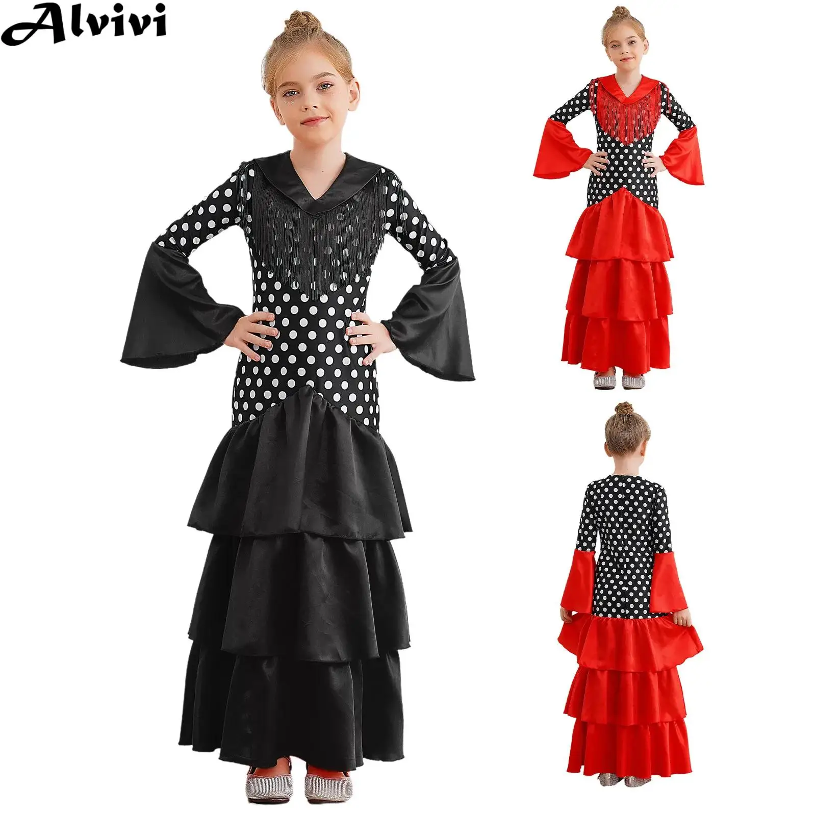Kids Girls Flamenco Dance Performance Costume Flared Sleeve Tassel Tiered Ruffle Polka Dots Print Dress for Halloween carnival