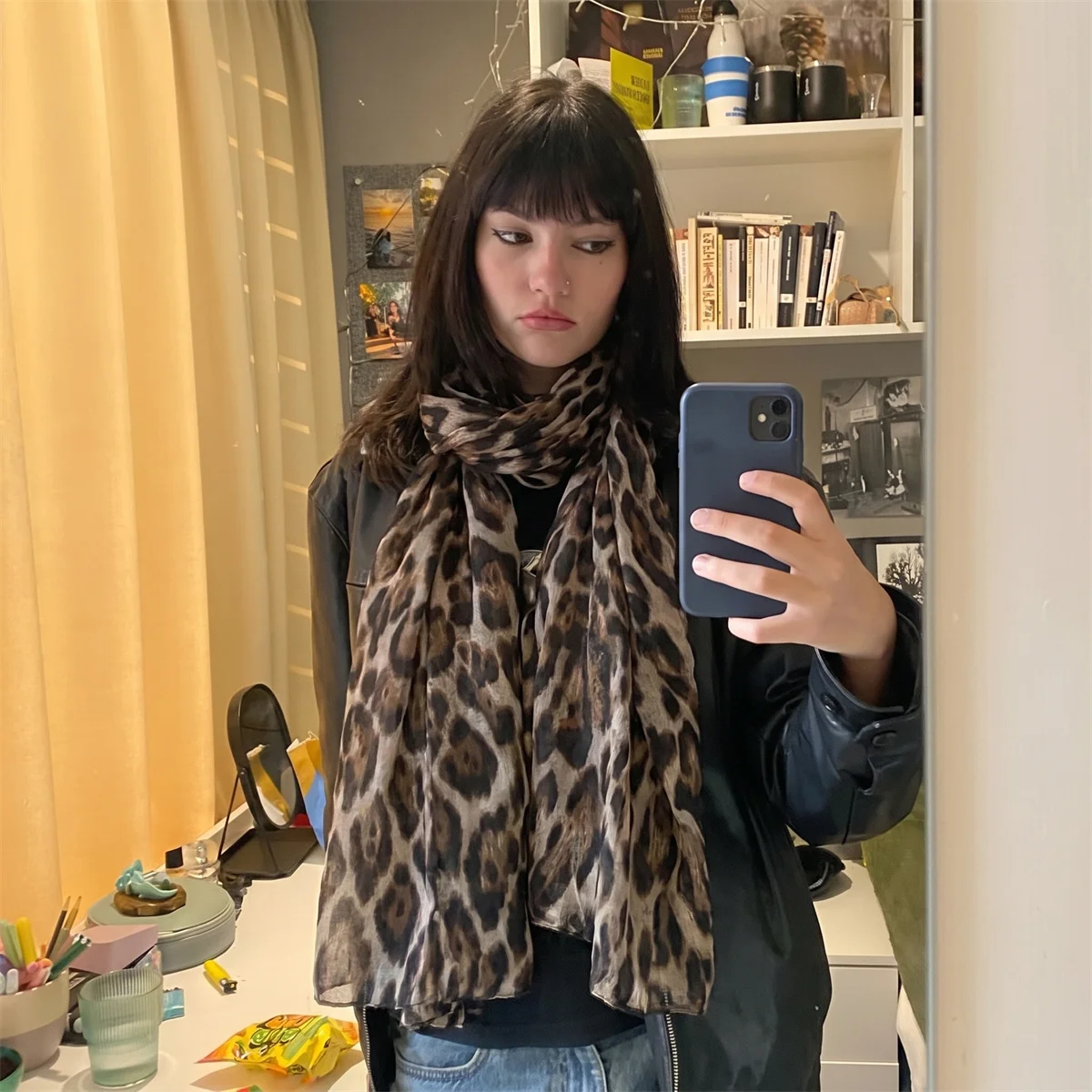 Women Lightweight Voile Leopard Print Scarf Soft Sheer Breathable Neck Wrap Elegant Shawl For Holiday Travel Daily Casual Outfit