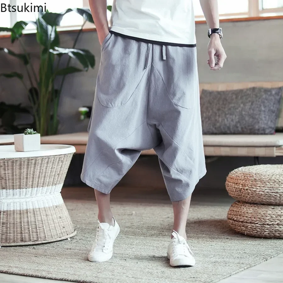 2025 Summer Men Harajuku Harem Pants Men's Vintage Chinese Style Cotton Linen Joggers Pants Man Solid Loose Calf-lenght Trousers
